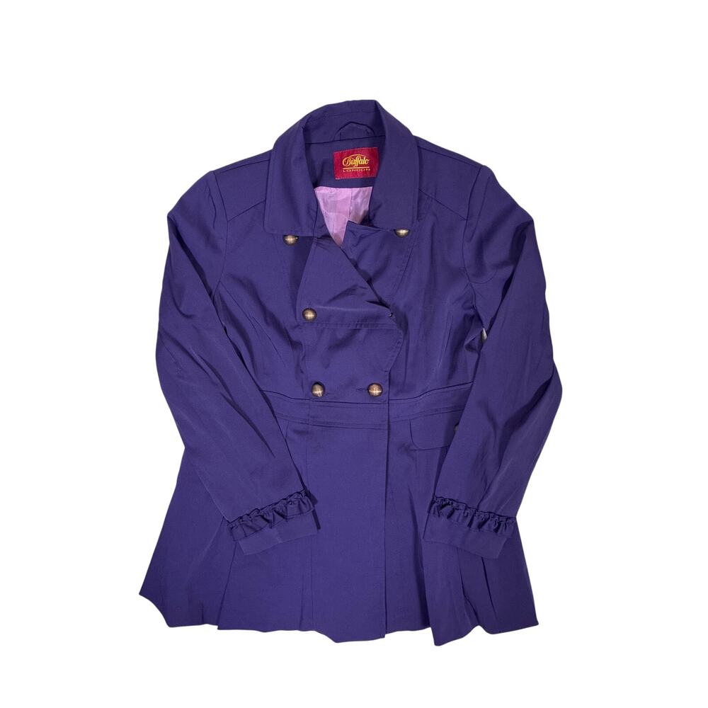 Buffalo London Navy Trench Coat Ruffle Sleeves Women’s 40/M Classic Overcoat